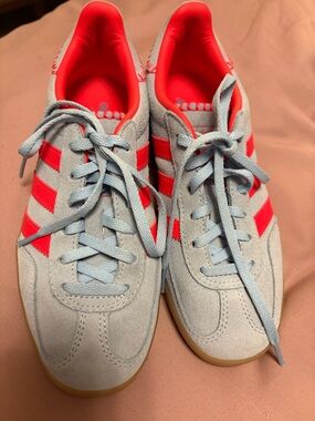 Light Blue Suede Adidas Sneakers with Bright Coral Stripes